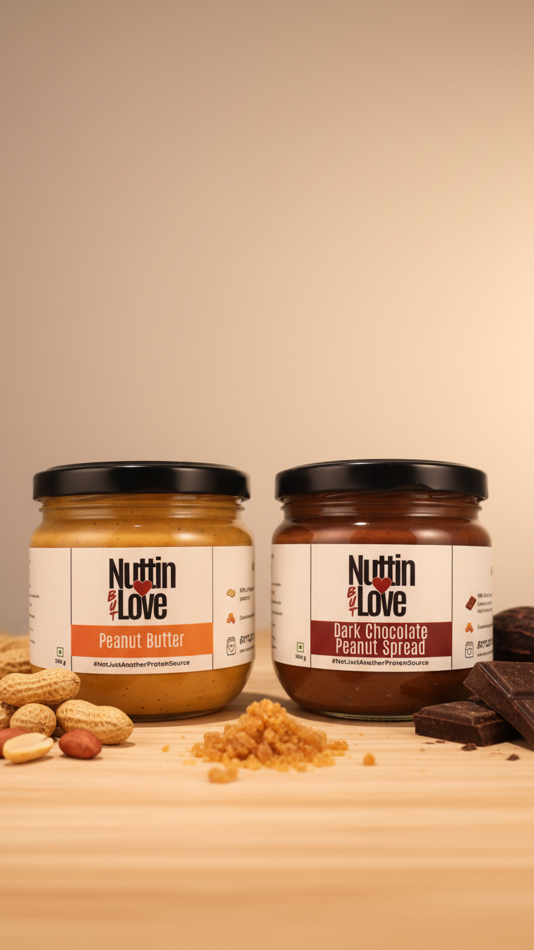 Two jars of Nuttin' but Love peanut butter and dark choco peanut spread on a wooden surface with peanuts and chocolate.